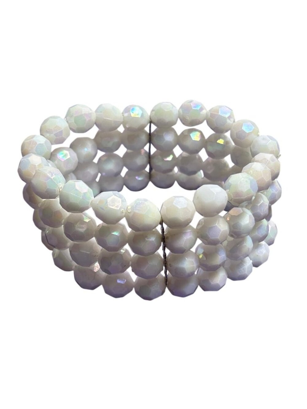 White AB Plastic Faceted Beaded Stretchy Bracelet 7.25 inches Unstretched